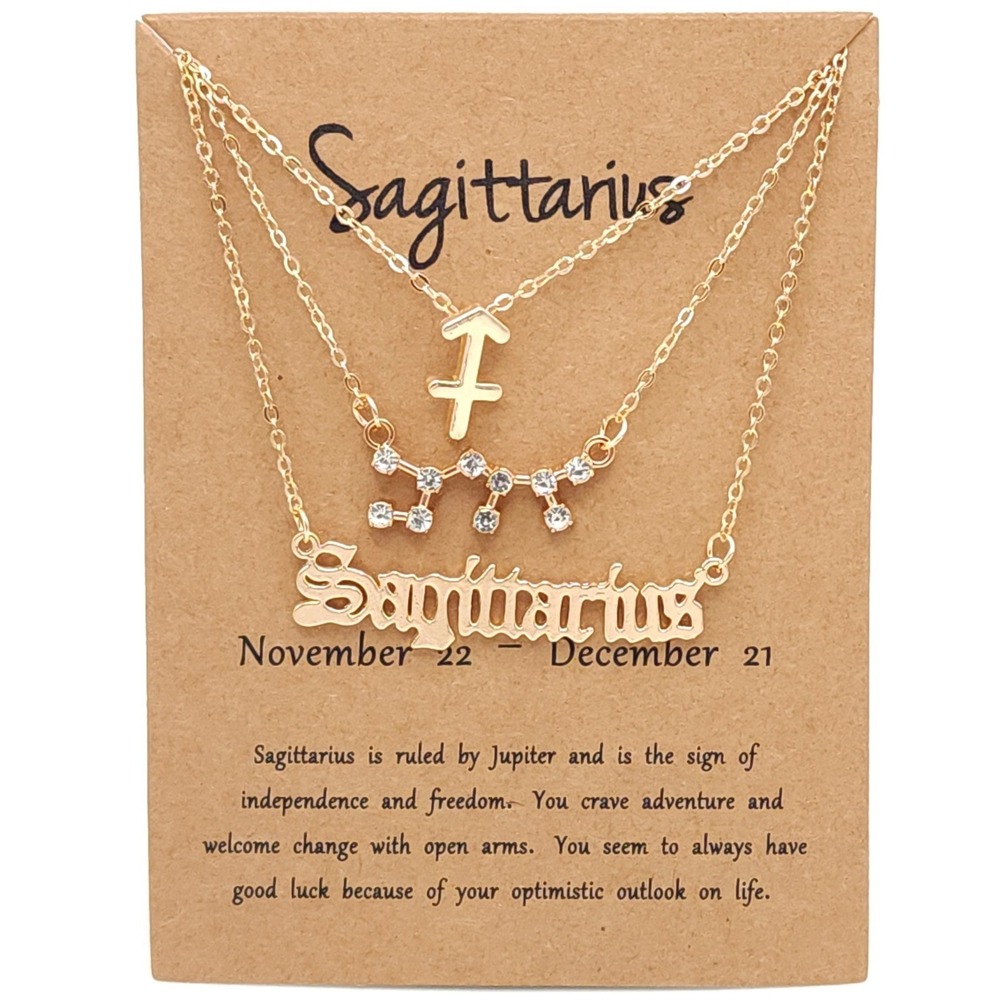 Sagittarius Zodiac Triple Layered Necklace Set Gold Tone Crystal Constellation